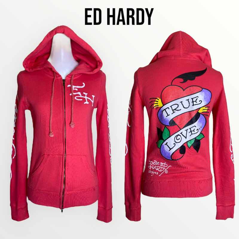 ED Hardy เสื้อฮู้ดแขนยาวสีขมพูเข้ม