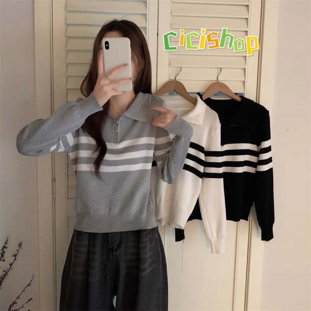 Cicishop(25089)เสื้อไหมพรมแขนยาว คอเต่าดีเทลซิปรูดด้านหน้า ผ้านุ่มมากสไตล์เกาหลี