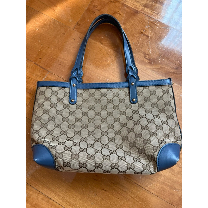 <<SALE>> GUCCI TOTE BAG canvas leather beige blue มือสอง