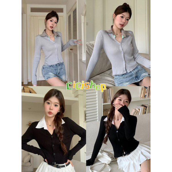 Cicishop(SALE 54168)เสื้อไหมพรมคอปกแขนยาวกระดุมสามารถใช้งานได้จริงเหมาะสำหรับทุกสไตล์ ทรงชิคๆ