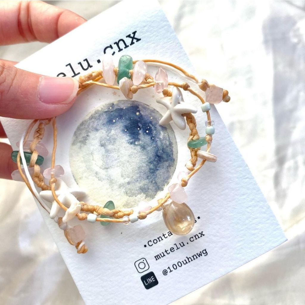 กำไลข้อมือเชือกถัก handmade (Rose moon green)
