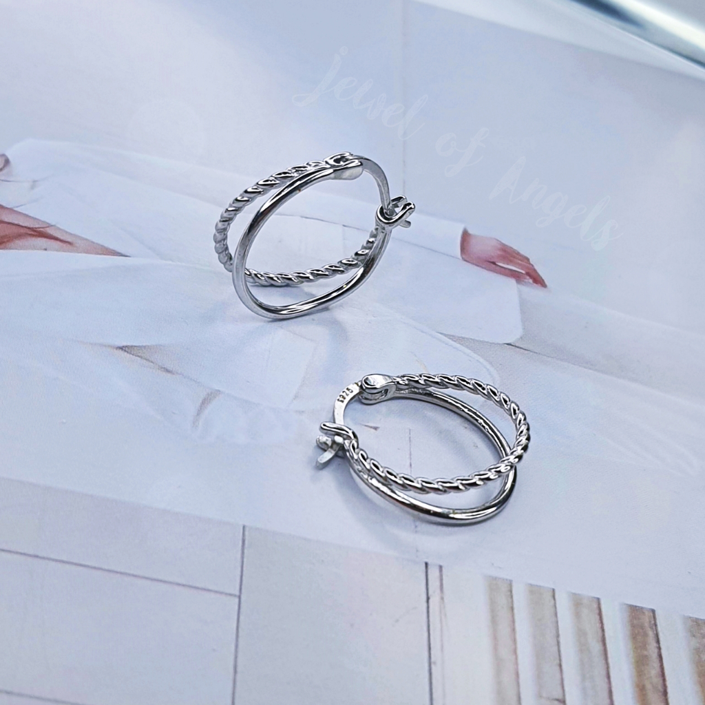 ต่างหูห่วงเงินแท้ S925 รุ่น Double ห่วงคู่เกลียวและเรียบ ตุ้มหูห่วง สีเงิน เงินแท้ทั้งชิ้น Silver925