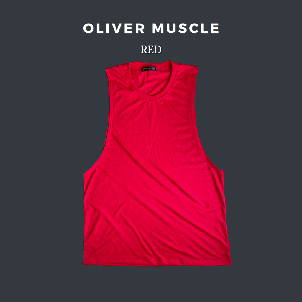 OLIVER MUSCLE เสื้อแขนกุดผู้ชายสีแดงสด ใส่ออกกำลังกาย ผ้านุ่มระบายอากาศดี