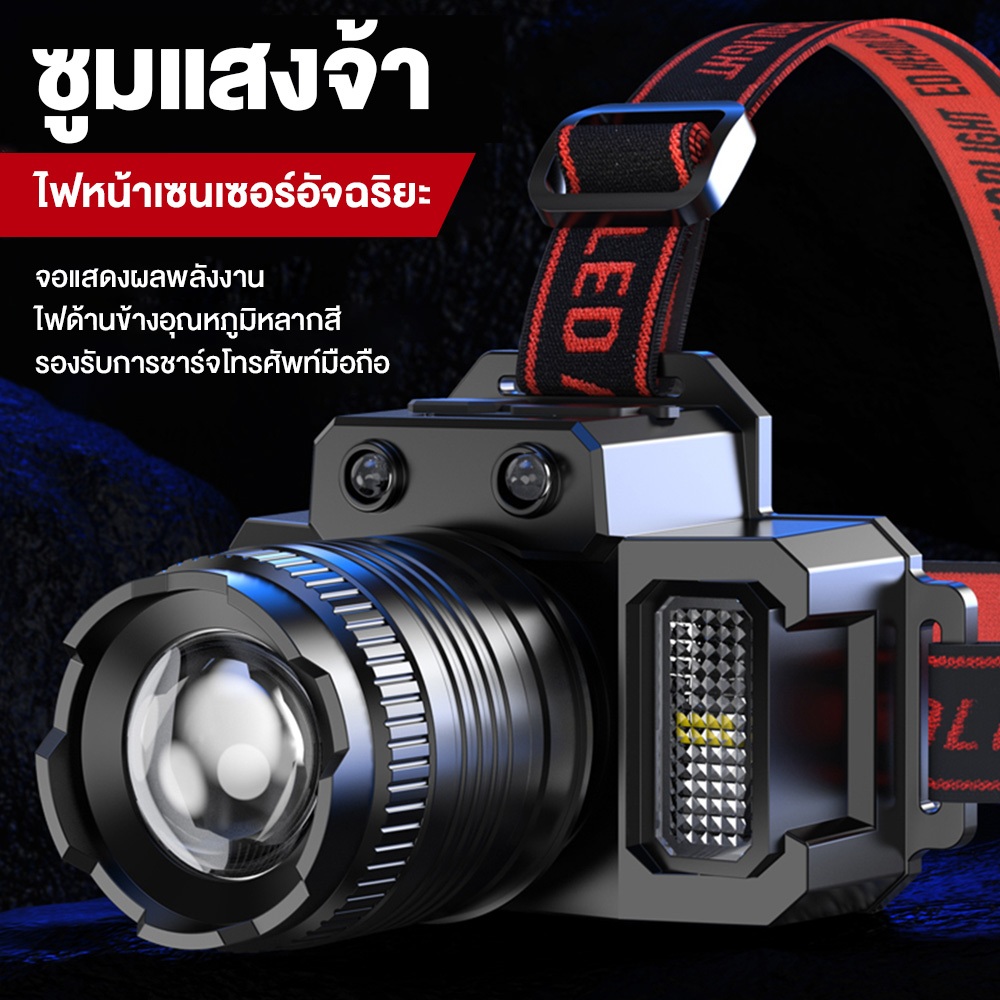 1500ML LED ไฟฉาย กันน้ำแบบคาดศีรษะ แบบชาร์จไฟได้ ไฟฉายที่ใช้พลังงานจากแบตเตอรี่ที่ทนทาน
