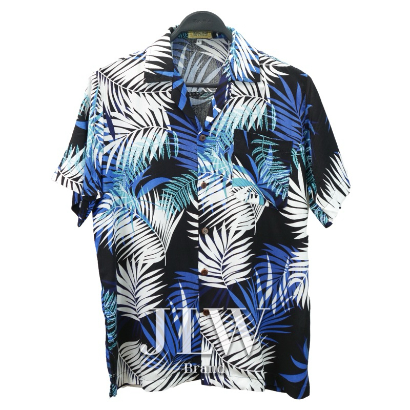 เสื้อฮาวาย ลายใบหลิว ดำ-น้ำเงิน