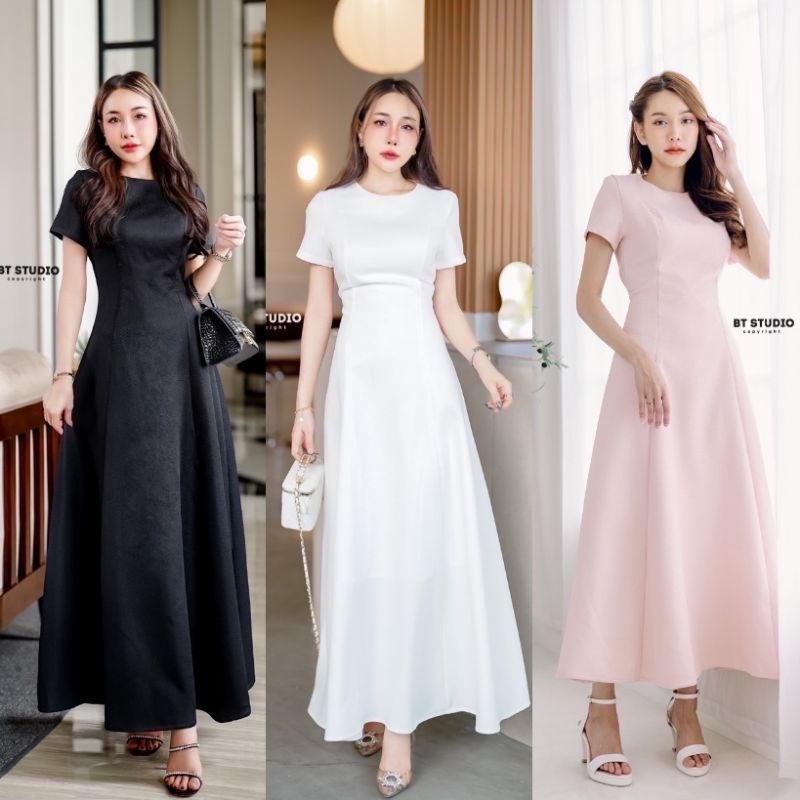 พร้อมส่งสีดำ สีขาว สีชมพู /BT 7285 เดรสสีขาวเรียบหรูดูดีเดรสสีดำใส่งานขาวดำ