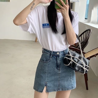 XS-14XL กระโปรงยีนส์ ผ่าข้าง เอวสูง แต่งเย็บติดกางเกงซับด้านใน ทรงสวย เข้ารูป สไตล์เกาหลี