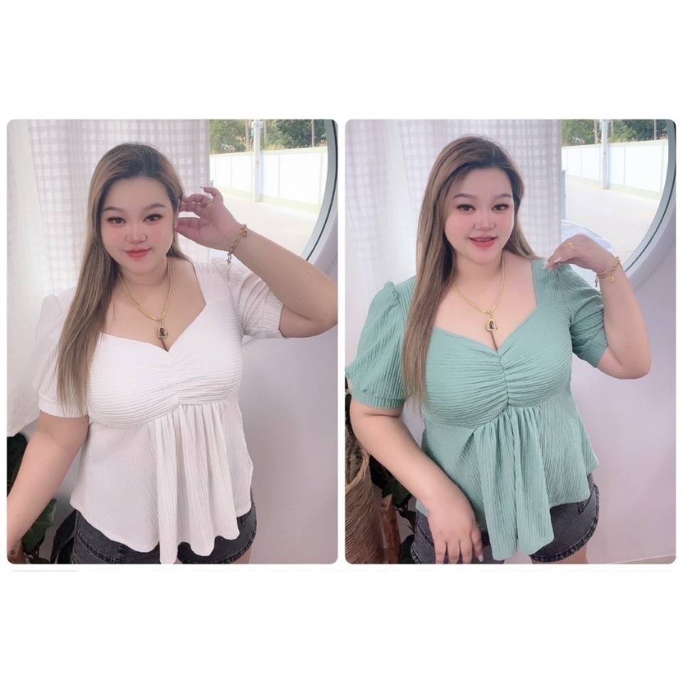 MK63 เสื้อยืดแฟชั่นสาวอวบ คอเหลี่ยม จีบอก แขนสั้นตุ๊กตา ชายบาน ผ้ายืด อก 36-44 นิ้ว เสื้อผ้าไซส์ใหญ่ ผ้าดีใส่สบายมาก