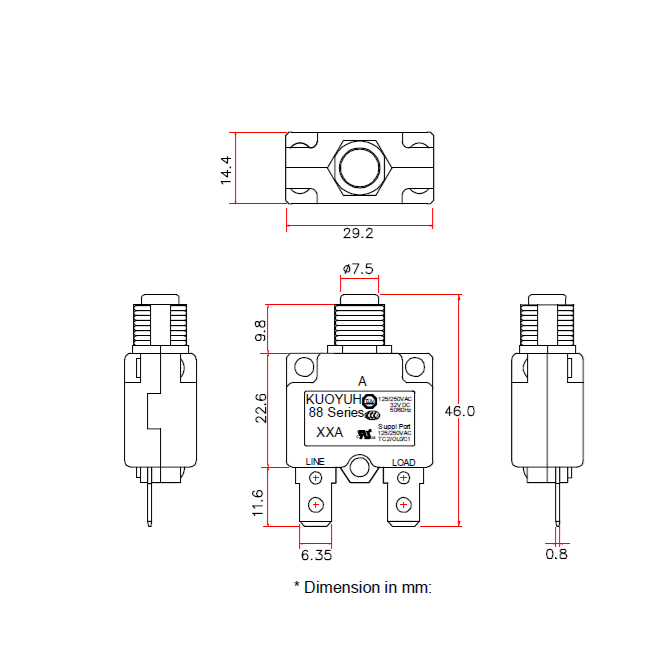 สวิทช์เบรกเกอร์ Overload protector Thermal Circuit Breaker KUOYUH 88 series 20A - รูปที่ 3