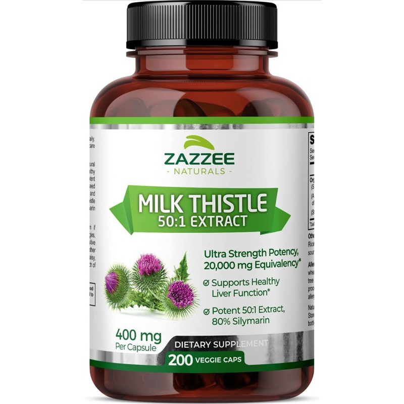 ผลิตภัณฑ์อาหารเสริม Zazzee Organic Milk Thistle 50:1 Extract, 20,000 mg Strength, 200 Vegan Capsules