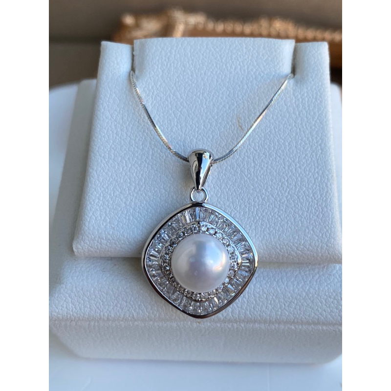 สร้อยคอเงินแท้ พร้อมจี้ไข่มุกแท้ สีขาว มุก Otop phuket มีใบรับประกัน แท้ทุกชิ้นงาน