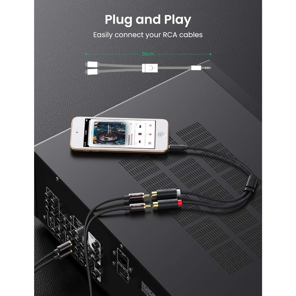 UGREEN สายสัญญาณเสียง RCA ขนาด 3.5 มม ยาว 25cm (Gray) รุ่น 10547
