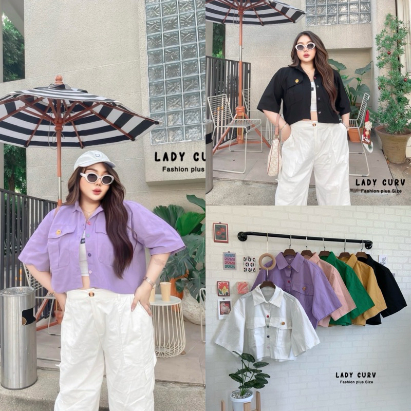 เสื้อเชิ้ตครอปกระดุมสีรุ้งสุดน่ารัก +เข็มกลัดหน้ายิ้ม plussize สาวอวบ