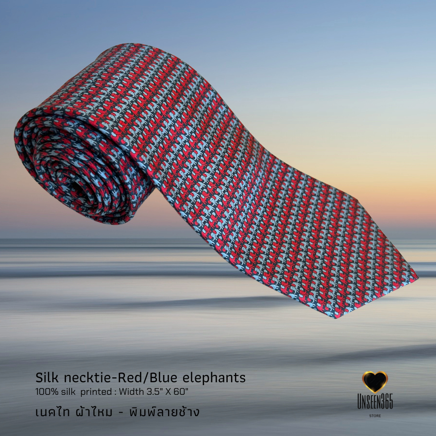 เนคไทผ้าไหม พิมพ์ลายช้าง สีแดง-น้ำเงิน TE 11-Silk necktie printed Red-Blue Elephants -SN1  จิม ทอมป์