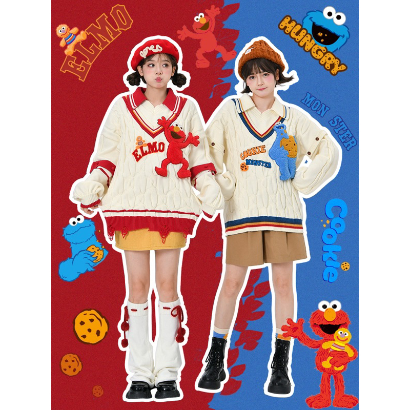 Snbl Red Elmo vs Blue Cookie Monster Polo Sweater กั้กไหมพรมsesame streetพร้อมคอปก ไม่ต้องทับเชิ้ต