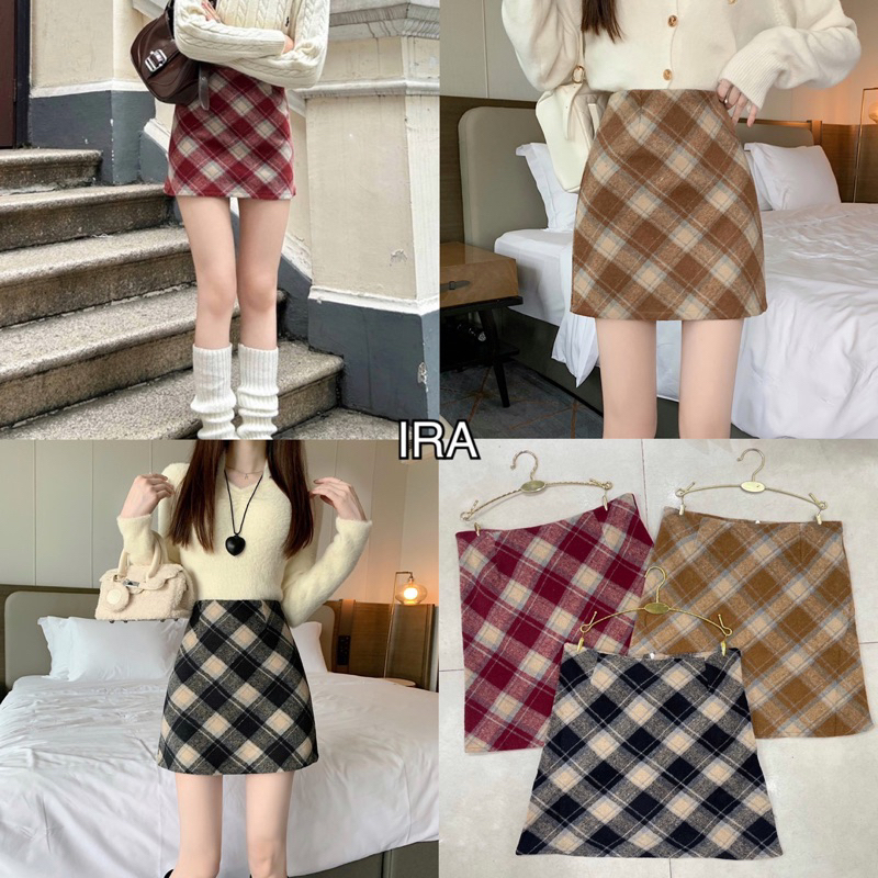 BY IRA Wool plaid skirtกระโปรงเอวสูง ผ้าวูล ลายสก๊อต แฟชั่นฤดูใบไม้ร่วง สไตล์ใหม่