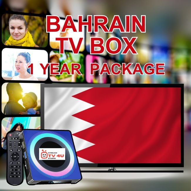 Bahrain TV box + 1 Year IPTV package, TV online through our awesome TV box. And ready to use, clear picture 4K FHD.