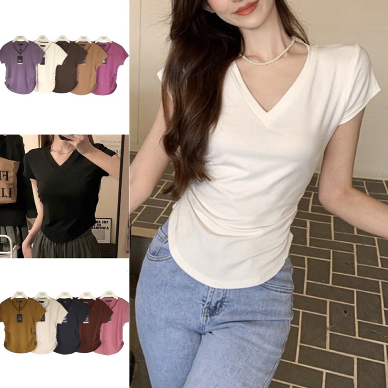 V Cotton เสื้อคอวีแขนสั้นเอวจั้ม ผ้ายูนิโค่ 🔥 พร้อมส่ง