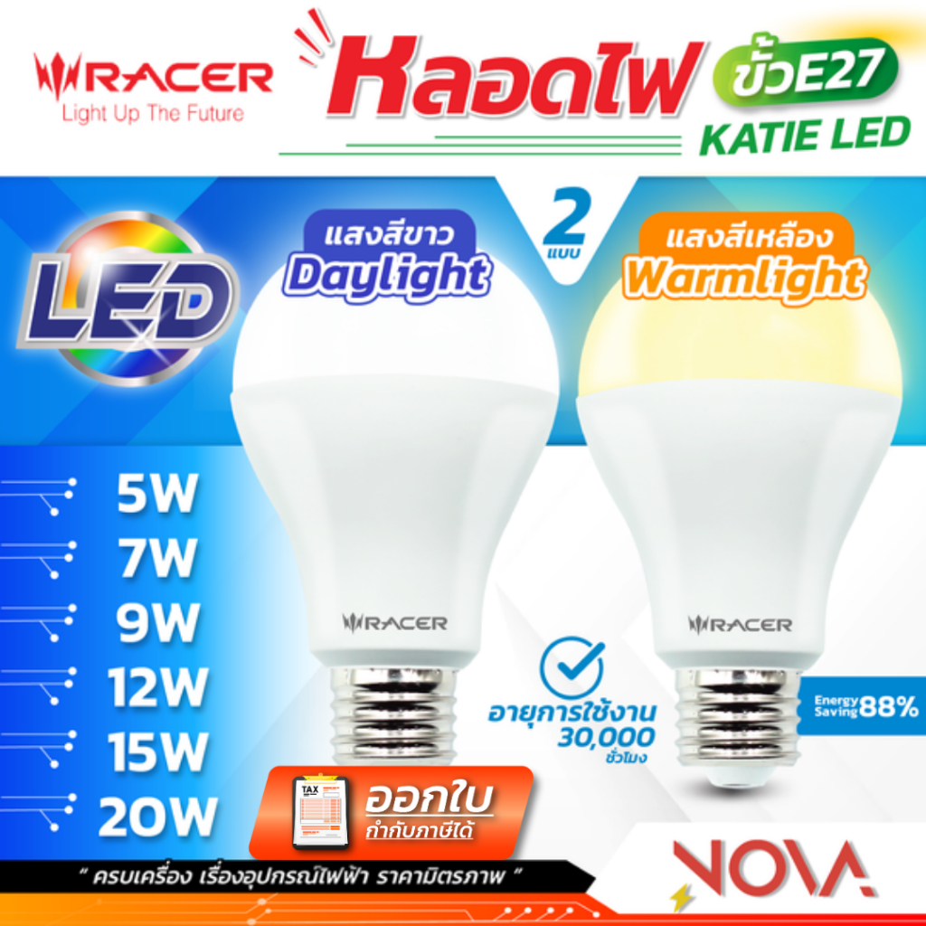 หลอดประหยัดไฟ LED ใช้งาน 30,000 ชั่วโมง ขั้ว E-27  RACER 5W / 7W / 9W / 12W / 15W / 20W