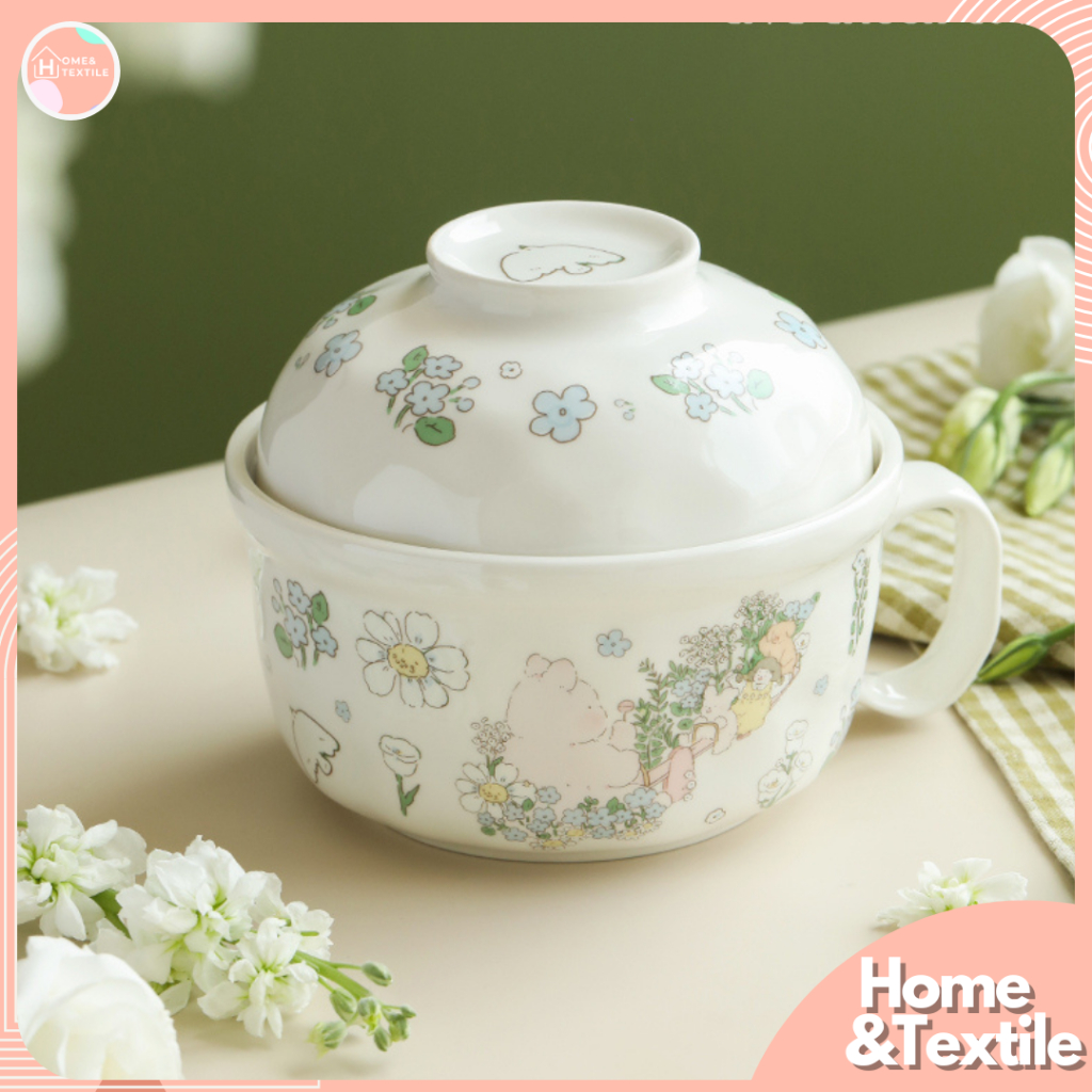【พร้อมส่ง】ชามมาม่า เนื้อเซรามิค พร้อมฝาปิด ลายกระต่าย Momo Rabbit | spring time สไตล์ญี่ปุ่น