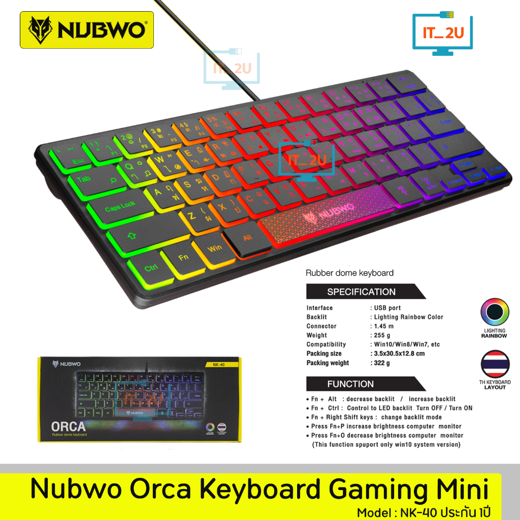 Nubwo NK-40 ORCA Keyboard Rubber Dome Switch LED Lighting Rainbow  ปุ่มยาง 60%