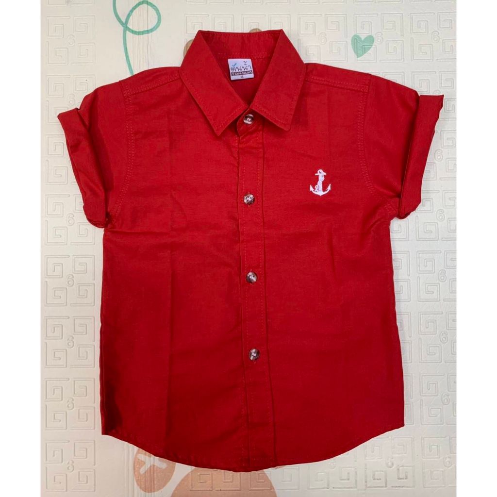 M0053 เสื้อเชิ้ตเด็ก เสื้อเชิ้ตแขนสั้นเด็ก สีพื้น ปักลายสมอเรือ