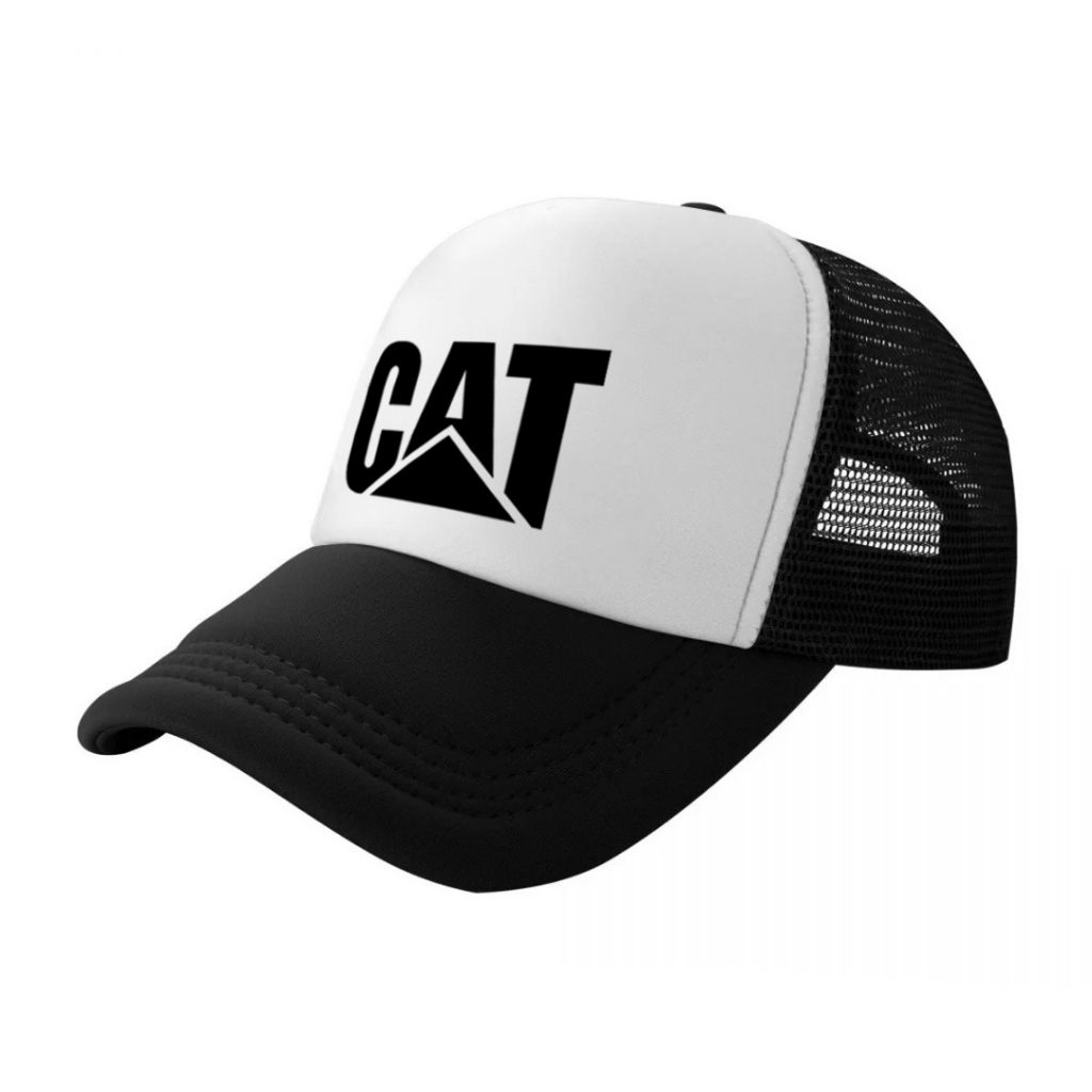 หมวกแก็ป หมวกเบสบอล หน้าบุฟองน้ำ หลังตาข่าย สกรีน CAT LOGO ด้วย Flex pu ขอบเรียบ สวย คมชัด
