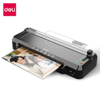 Deli เครื่องเคลือบเอกสาร เครื่องเคลือบบัตร 2in1 แถมฟรีที่ตัดกระดาษ และเครื่องตัดมุม ร้อนเร็วภายใน4นาที Laminator