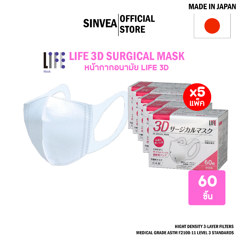 [5 แพ็ค] Life 3D SURGICAL MASK หน้ากากอนามัยผู้หญิงและเด็ก แบบกล่องบรรจุ 60ชิ้น (MADE IN JAPAN)