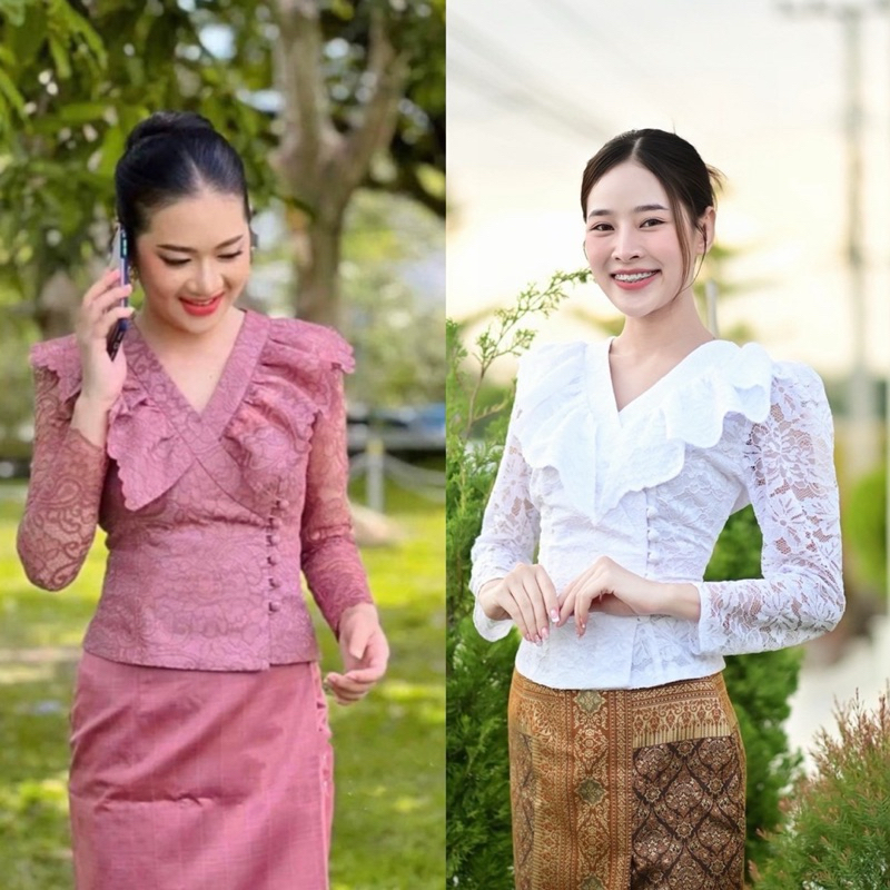 เสื้ิอลูกไม้ เสื้อคอวี เสื้ิอแขนยาว ใส่ออกงาน งานบุญ งานบวช งานมงคล เสื้อ เสื้อผู้หญิง เสื้อลูกไม้สีขาว