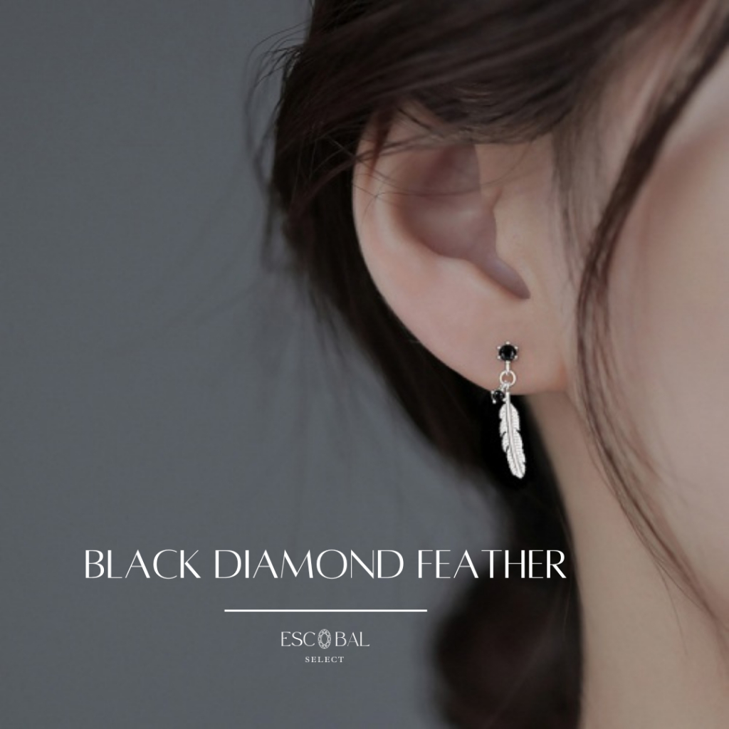 ESCOBAL✨Black Diamond Feather มรกตอัญมณีสีดำ ตุ้มหูเงินแท้ ต่างหูแฟชั่น ตุ้มหูเงินแท้ ของขวัญ