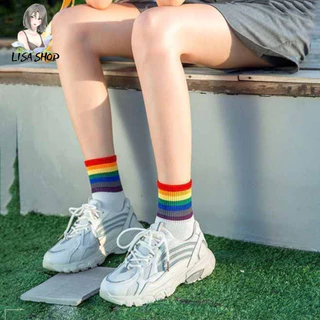 ถุงเท้าแฟชั่น ข้อกลาง คาดแถบสีรุ้ง ถุงเท้าวินเทจสายรุ้ง 🌈 Rainbow socks พร้อมส่ง S24