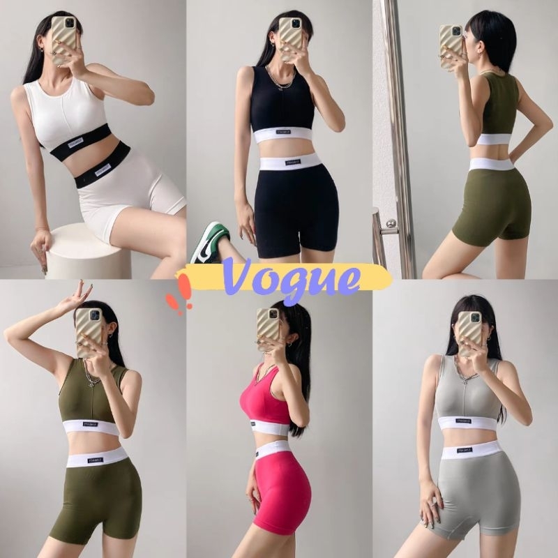 Vogue🌟พร้อมส่ง🌟 ชุดเซ็ทสปอร์ตบรา เสื้อ+กางเกง สีพื้น (FY8804) -H