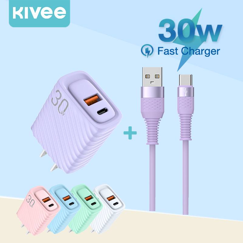 ซื้อ KIVEE 30W หัวชาร์จเร็ว USB+Type C QC4.0 PD3.0 Macaron ใช้กับ iPhone Samsung phone ชุดชาร์จด่วน fast charger set