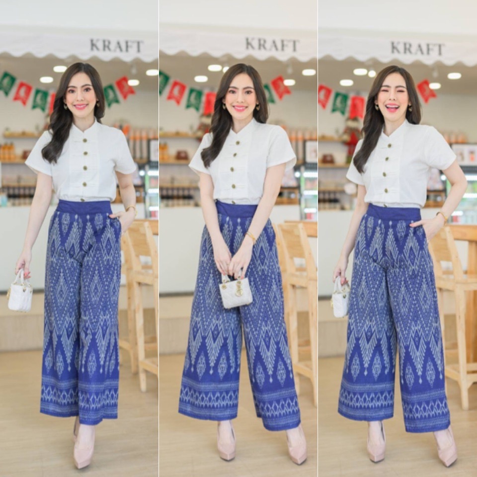 LANNA - ชุดเซทเสื้อแขนสั้น กางเกงขาบานผ้าไทย ผ้าฝ้ายพิมพ์ลาย