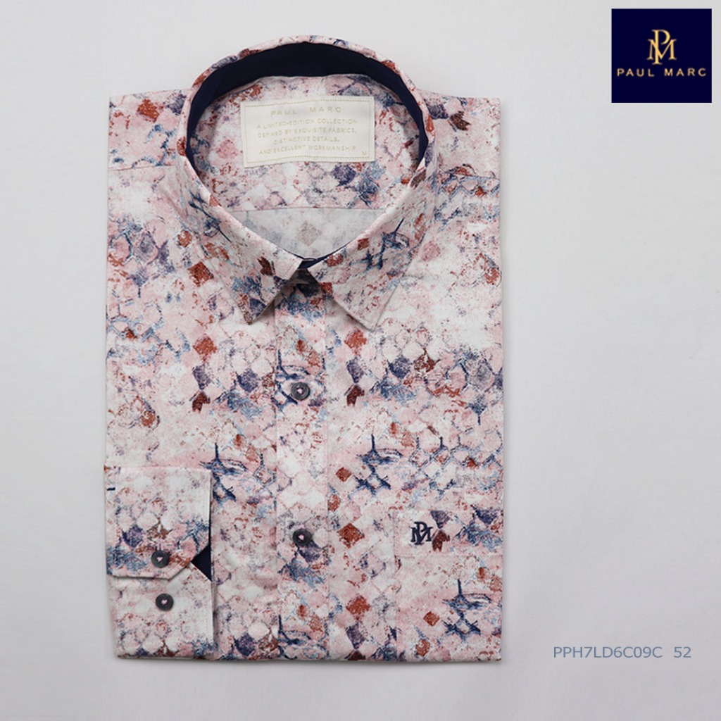 PAUL MARC เสื้อเชิ้ตลายพิมพ์กราฟฟิกแขนยาว สีชมพู พาสเทล slim fit 100% cotton เนื้อผ้านุ่มพิเศษ
