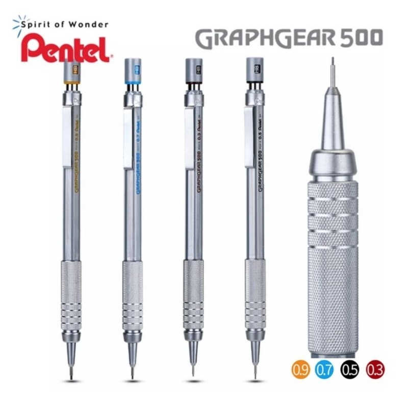 Pentel ดินสอกดเขียนแบบ ด้ามสีเงิน รุ่น GraphGear 500 ขนาด 0.3มม., 0.5มม., 0.7มม. และ 0.9มม.