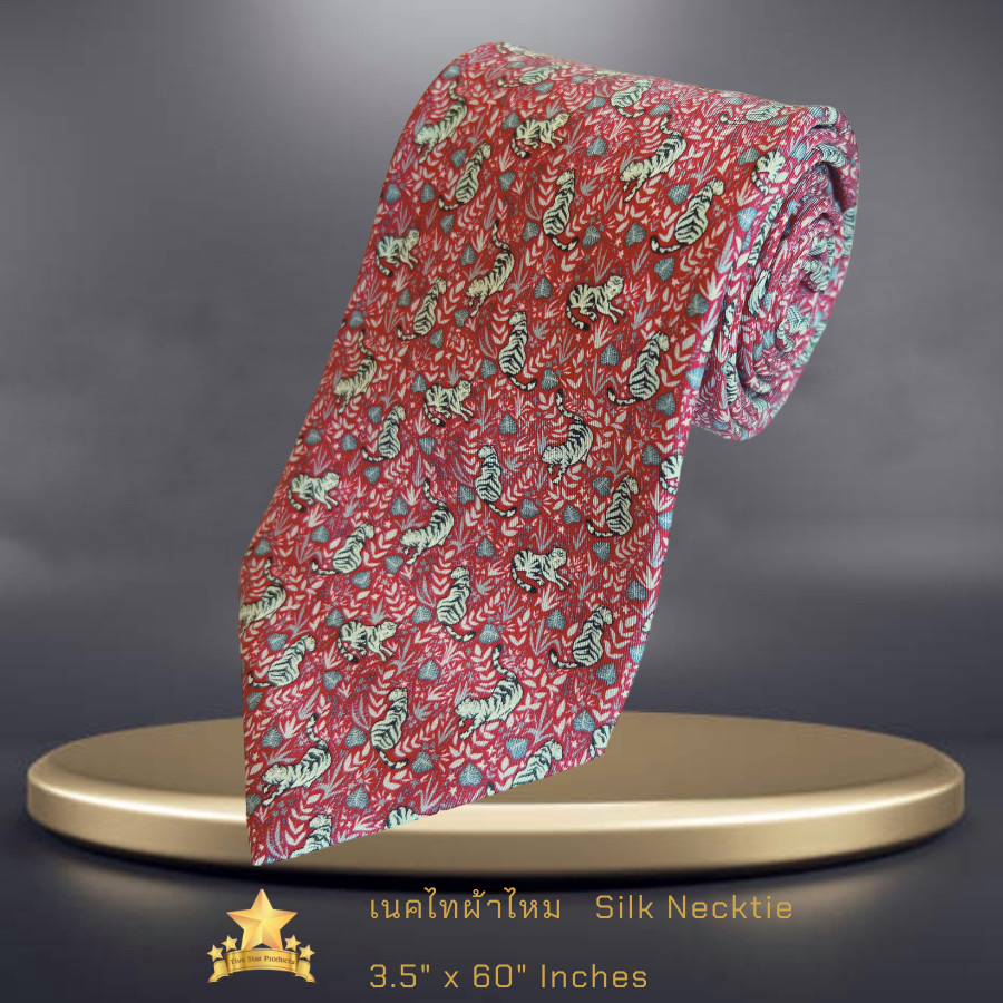 เนคไทผ้าไหม  Silk necktie printed  เสือชมพู Tigers - จิม ทอมป์สัน Jim Thompson