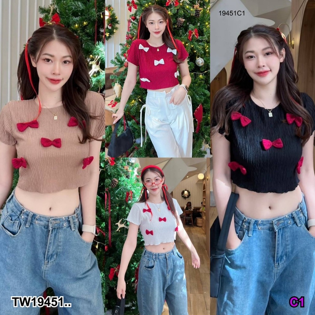 MF19451  เสื้อครอป แขนสั้น แต่งโบว สาวอวบ ใส่ได้ เสื้อปิด แขน อำพลางหุ่น ลองมาให้แล้ว เป้นcropทที่สา