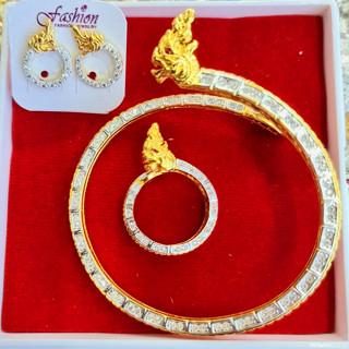 แหวน กำไล ต่างหู ชุด3ชิ้น พญานาค ฝังเพชร พร้อมกล่องบัตรให้โช…