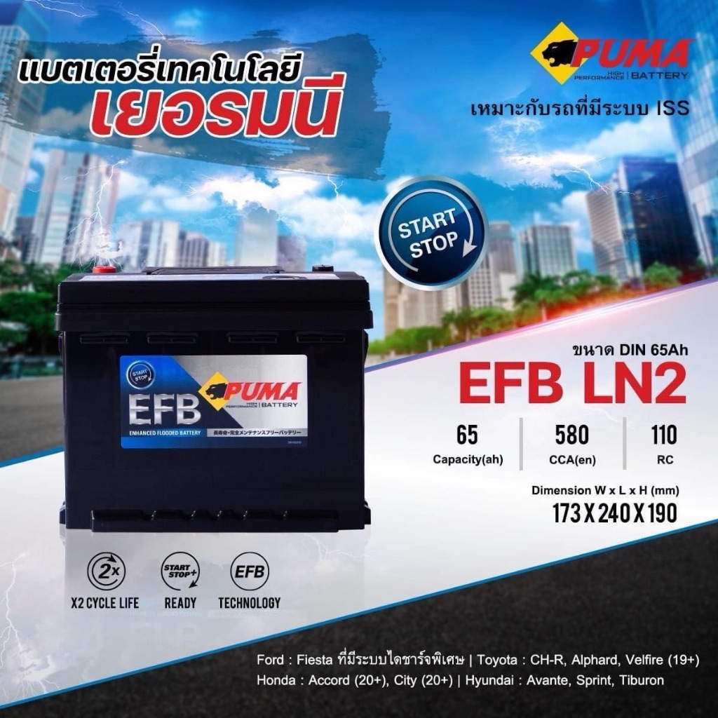 แบตเตอรี่ PUMA รุ่น EFB LN2 (ส่งด่วนได้รับสินค้าวันนี้) 12V 65AH (SMF) แบตเตอรี่แห้ง