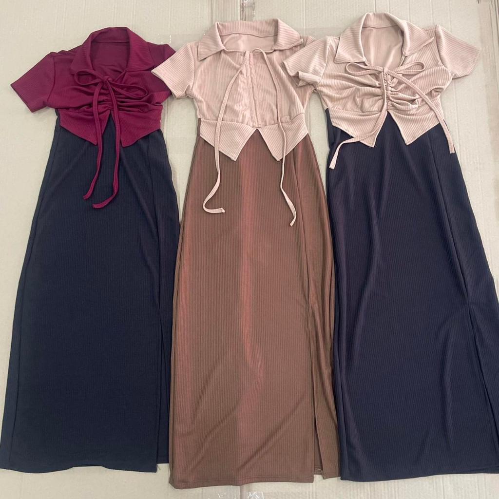 VIOLET DRESS ชุดเดรสแขนสั้นคอปกตัวยาวทูโทน มีเชือกรูดกลางอก ผ้าท็อปทวิล ราคา ถูกที่สุด ดีลบีเคเค แกลเลอรีภาพที่ 6