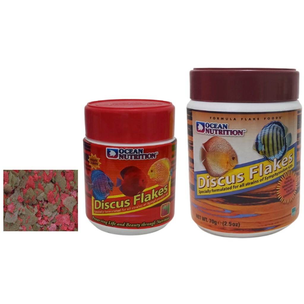 อาหารปลา ปลาปอมปาดัวร์ ชนิดแผ่นจมน้ำ สูตรสมดุลย์ Discus Flake Ocean Nutrition 34g. และ 71g.