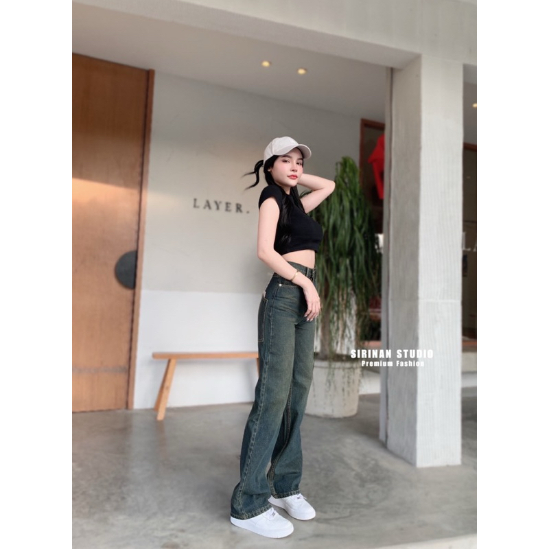 cha-nee shop 9419กางเกงยีนส์ขากระบอกเอวสูง สีสนิมสวยมากๆ ต้องมีเก็บแล้วไหม