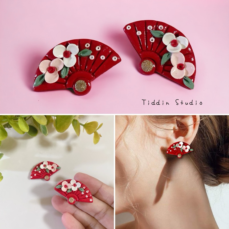 ต่างหูพัดตรุษจีน Floral Size 2 * 3 Cm. งานแฮนด์เมด น้ำหนักเบา โดนน้ำได้ สำหรับคนแพ้ง่ายใส่ได้