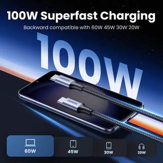 แท้💯 UGREEN สายชาร์จเร็ว Type C to Type C PD 100W 20V 5A ไนลอนถัก USB Type C to Type C iPhone17 16 15 Pro Pro Max