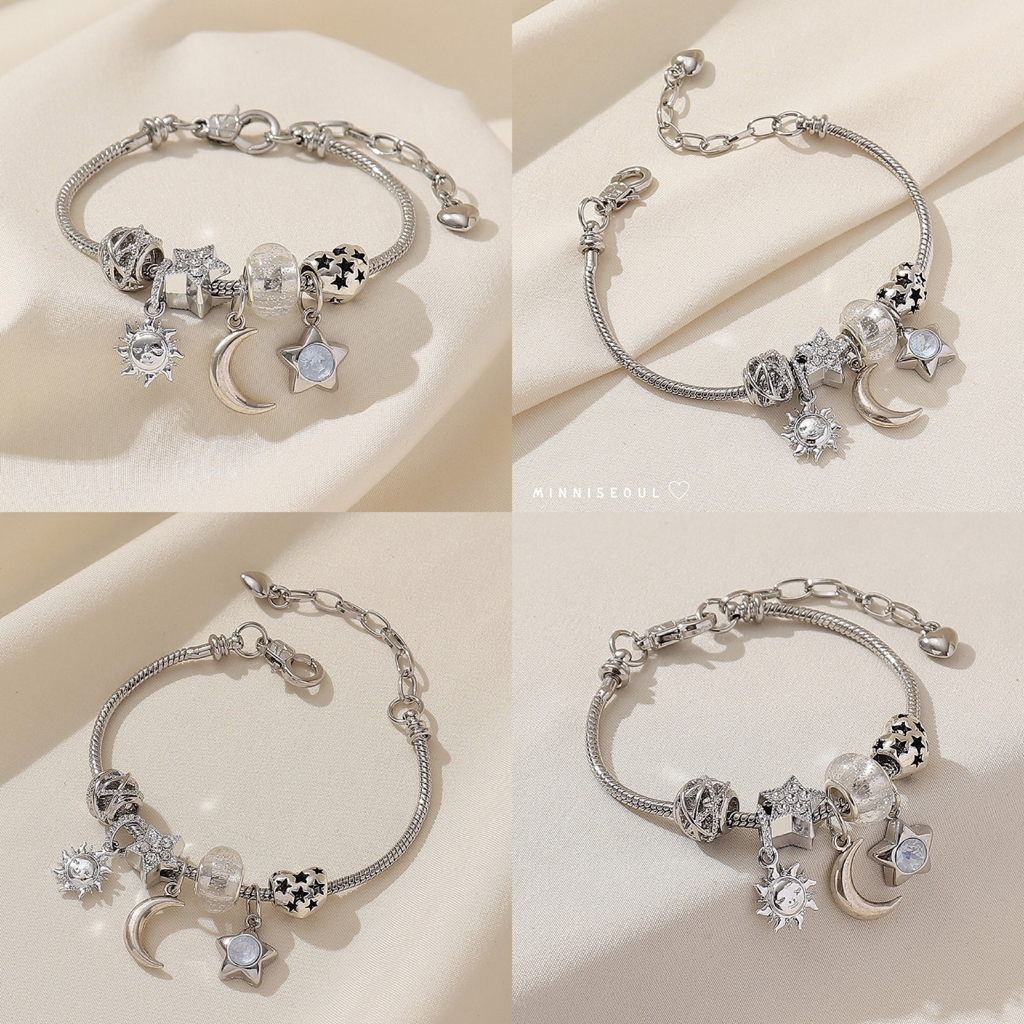 A47 สร้อยข้อมือ BEAUTIFUL LUNE STAR SILVER พระจันทร์เสี้ยว ดวงดาว ไม่ลอก ไม่ดำ สายปรับได้ จัดส่งทุกวัน