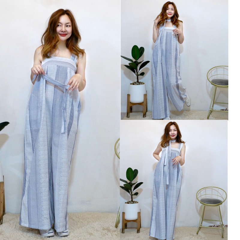 ชุดจั้มหมีผ้าฝ้ายลายทางถี่