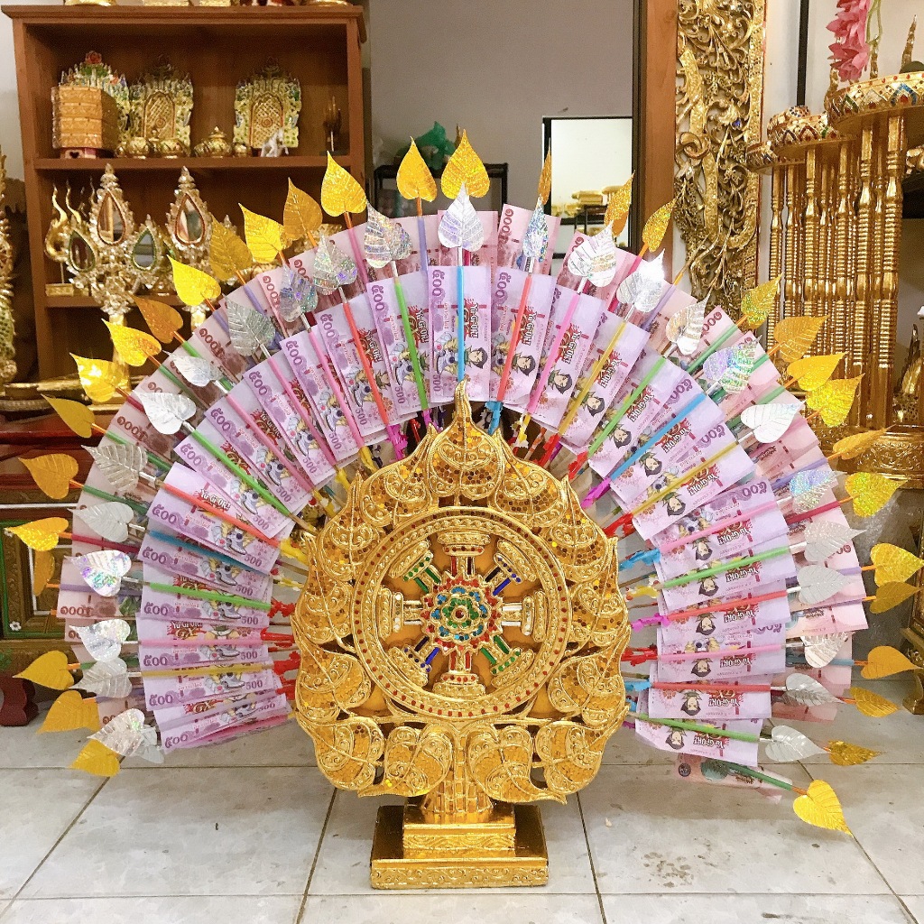 ต้นโพธิ์ธรรมจักร ต้นโพธิ์ ธรรมจักร โพธิ์ทอง ใบโพธิ์ทอง ขนาดสูง 76 ซม. พุ่มกฐิน ผ้าป่า งานฝีมือ งานไม้แกะสลัก