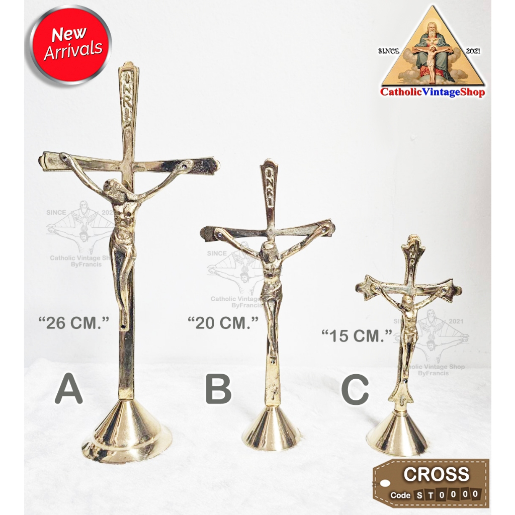 รูปปั้น ไม้กางเขน ตั้งโต๊ะ โลหะทองเหลือง  Catholic Jesus Cross Jesuschrist